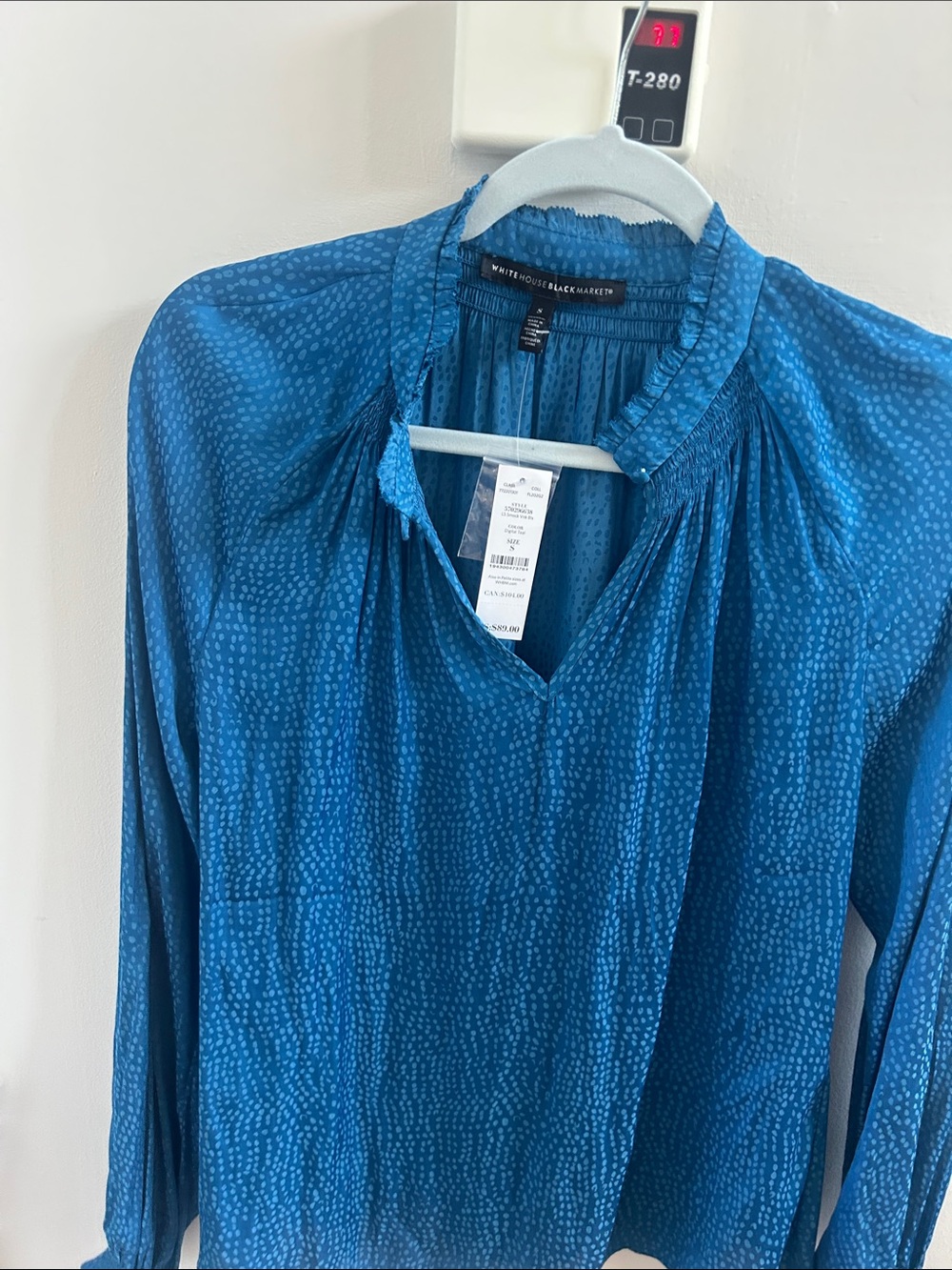White House Black Market Teal Blue Dotted Long-Sleeve Blouse